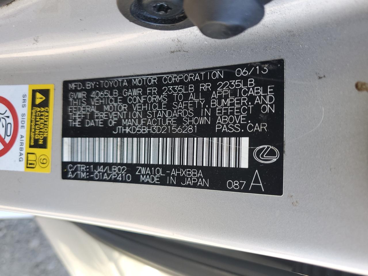 2013 Lexus Ct 200 VIN: JTHKD5BH3D2156281 Lot: 72066905