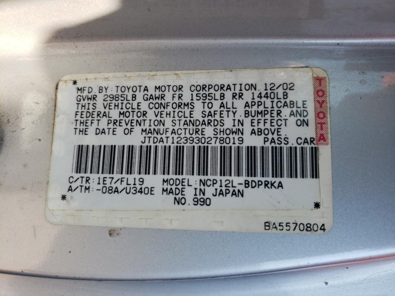 2003 Toyota Echo VIN: JTDAT123930278019 Lot: 71685545