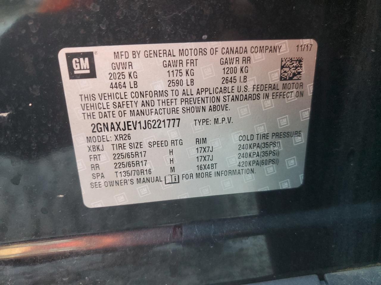 2018 Chevrolet Equinox Lt VIN: 2GNAXJEV1J6221777 Lot: 80078375