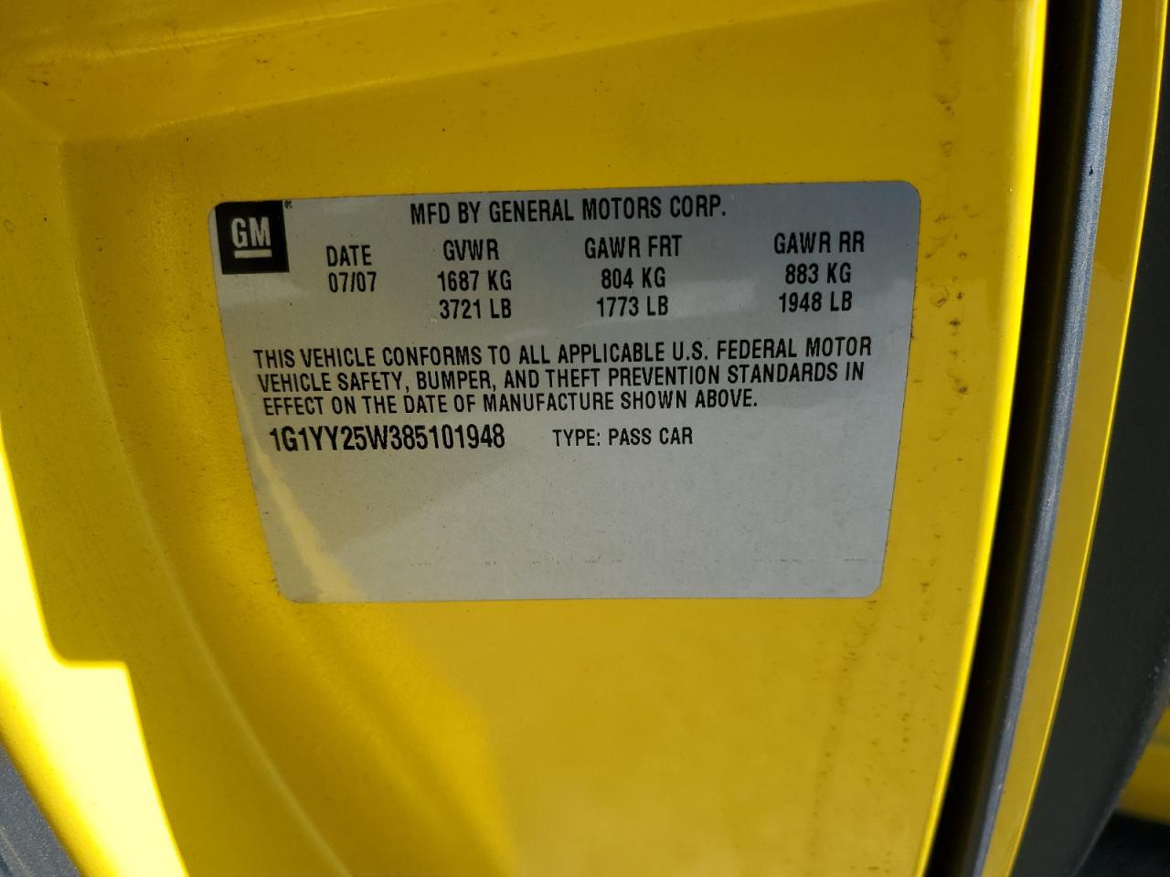 2008 Chevrolet Corvette VIN: 1G1YY25W385101948 Lot: 71285195