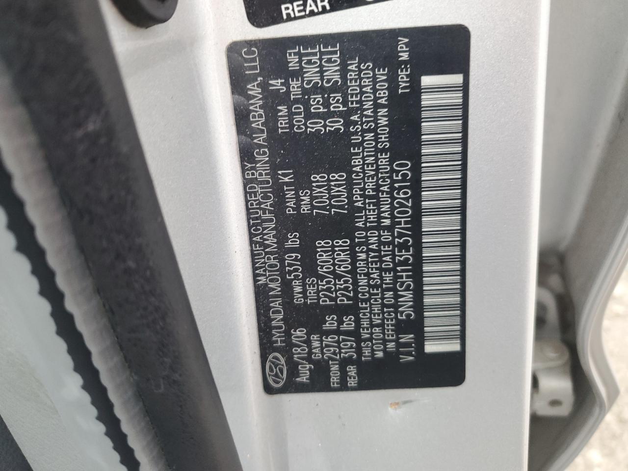 2007 Hyundai Santa Fe Se VIN: 5NMSH13E37H026150 Lot: 81706065