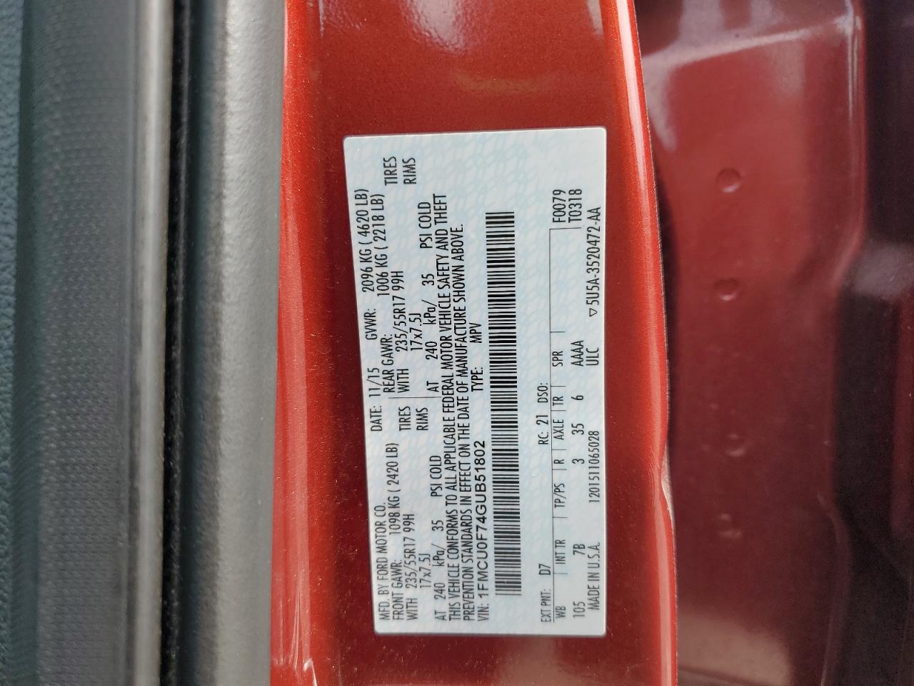 2016 Ford Escape S VIN: 1FMCU0F74GUB51802 Lot: 81406775