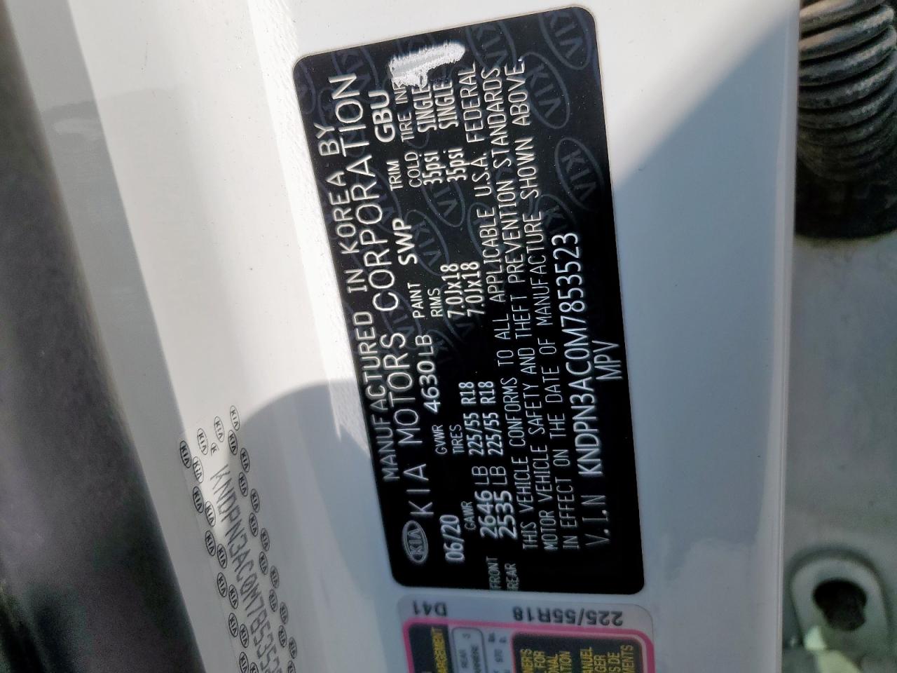 2021 Kia Sportage Ex VIN: KNDPN3AC0M7853523 Lot: 72039005