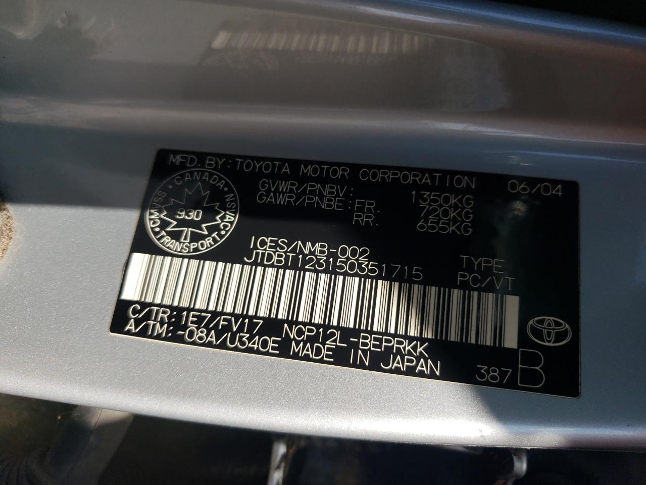 2005 Toyota Echo VIN: JTDBT123150351715 Lot: 81879985