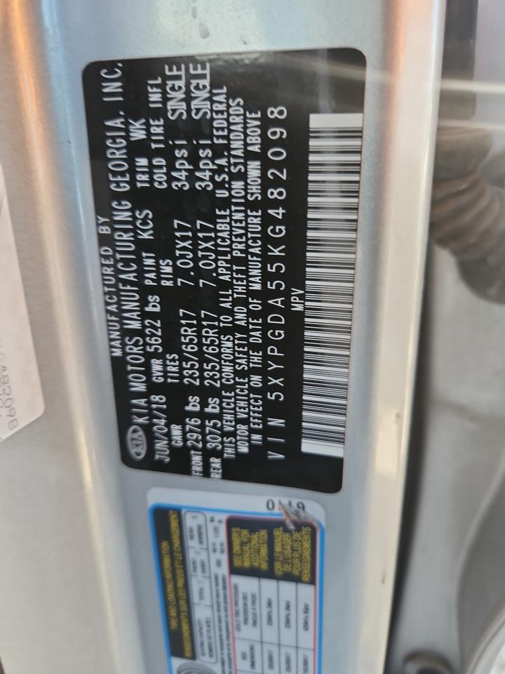 2019 Kia Sorento Lx VIN: 5XYPGDA55KG482098 Lot: 84217385