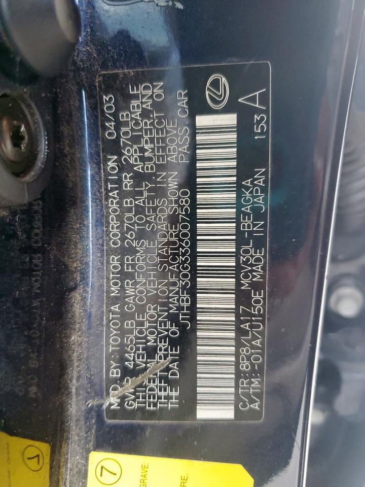 2003 Lexus Es 300 VIN: JTHBF30G336007580 Lot: 80347275