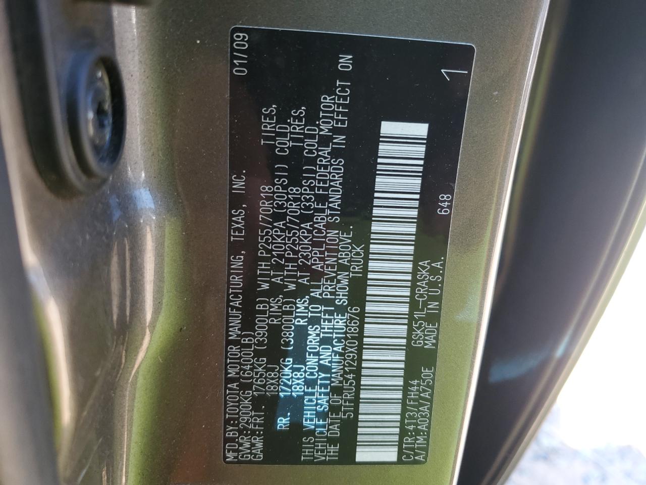2009 Toyota Tundra Double Cab VIN: 5TFRU54129X018676 Lot: 80543965