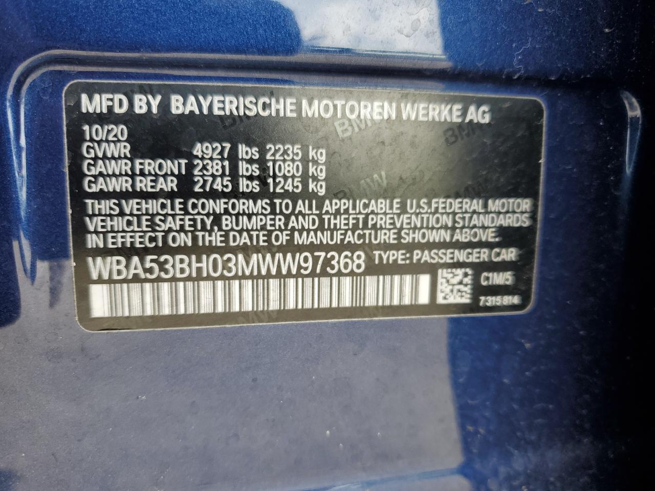 2021 BMW 530 I VIN: WBA53BH03MWW97368 Lot: 71951005