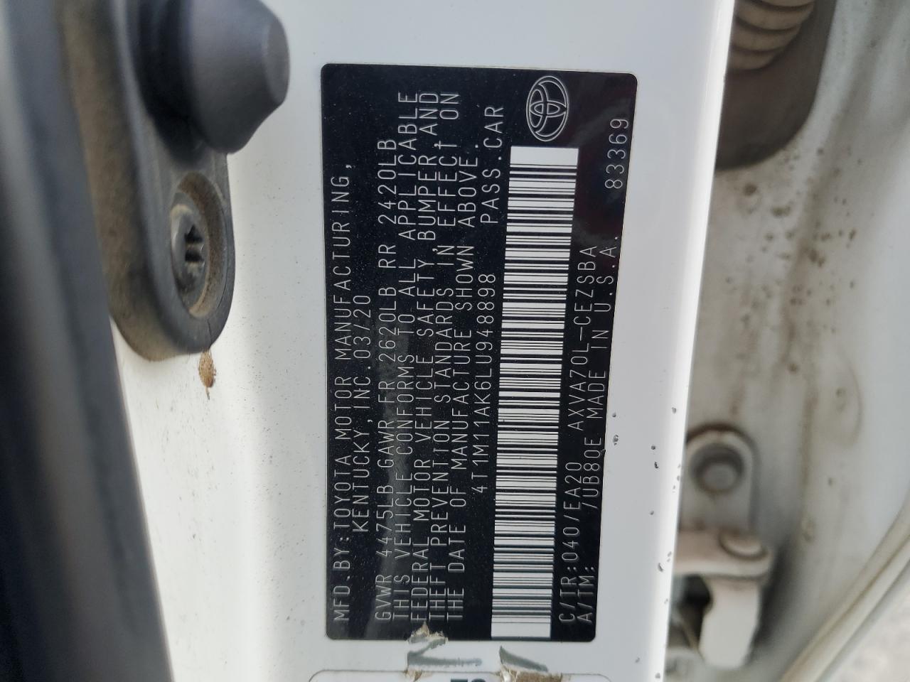 2020 Toyota Camry Se VIN: 4T1M11AK6LU948898 Lot: 84594605