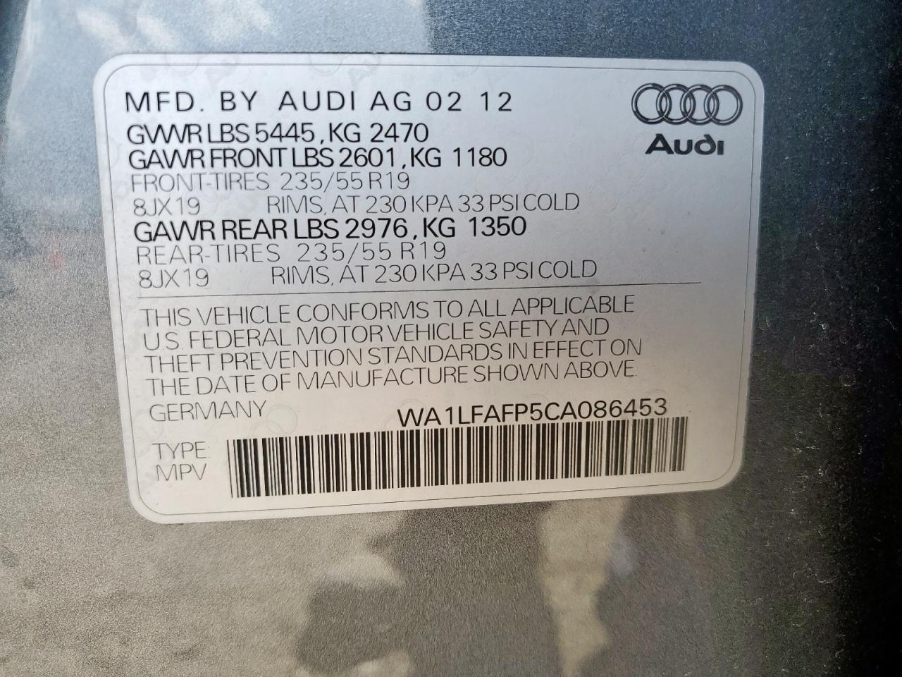 2012 Audi Q5 Premium Plus VIN: WA1LFAFP5CA086453 Lot: 83888925