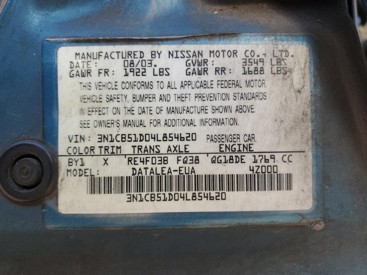 2004 Nissan Sentra 1.8 VIN: 3N1CB51D04L854620 Lot: 71836495