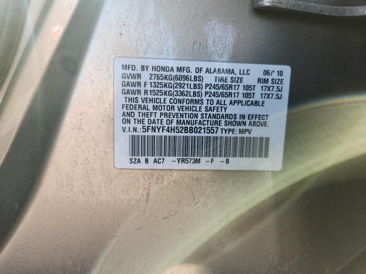 2011 Honda Pilot Exl VIN: 5FNYF4H52BB021557 Lot: 84754845