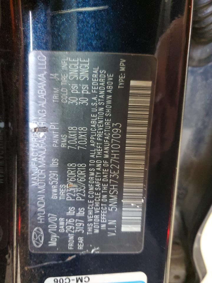 2007 Hyundai Santa Fe Se VIN: 5NMSH73E27H107093 Lot: 81649785