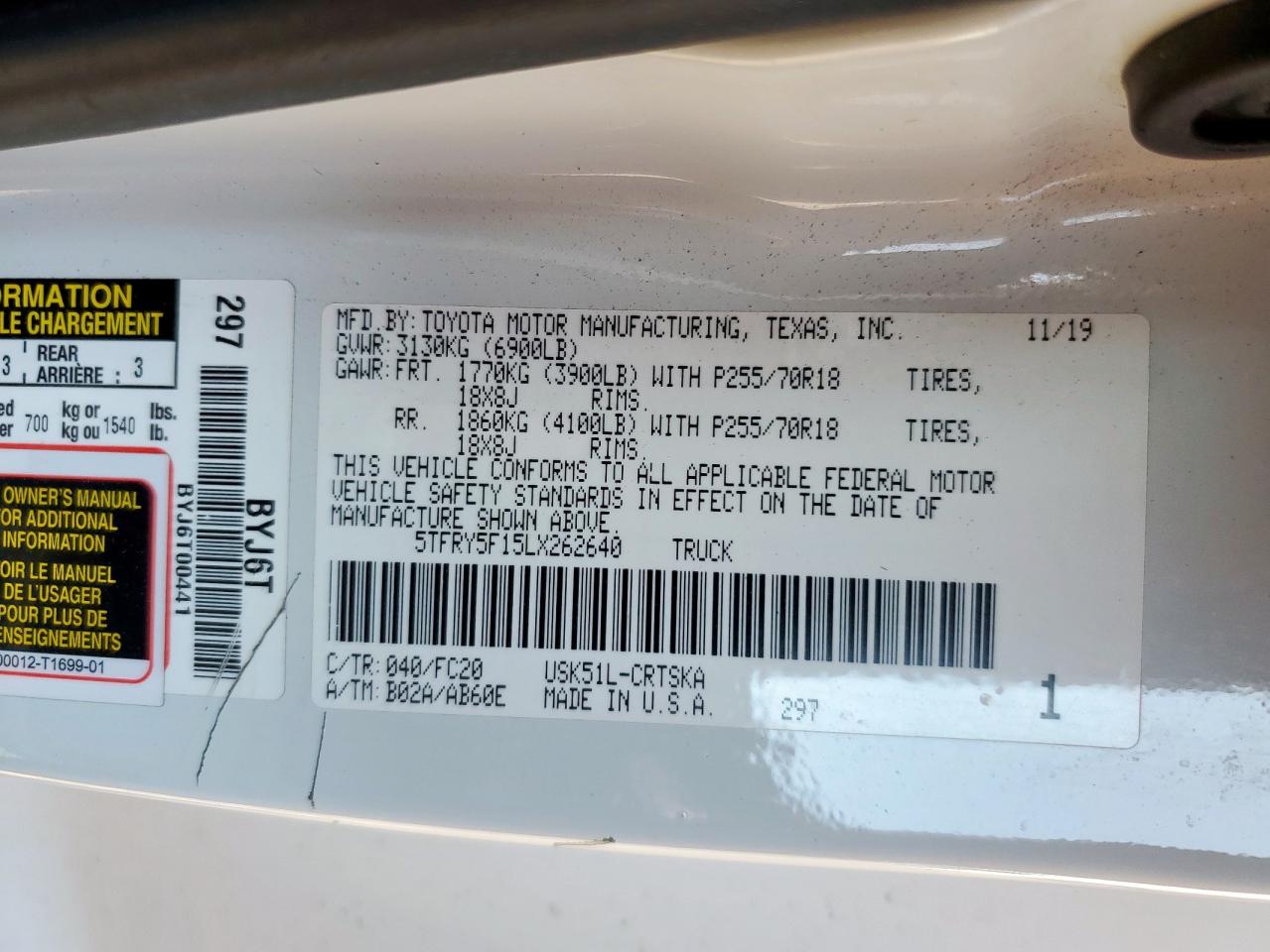 2020 Toyota Tundra Double Cab Sr VIN: 5TFRY5F15LX262640 Lot: 80028575