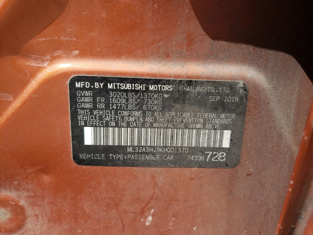 2019 Mitsubishi Mirage Es VIN: ML32A3HJ9KH001370 Lot: 71832725