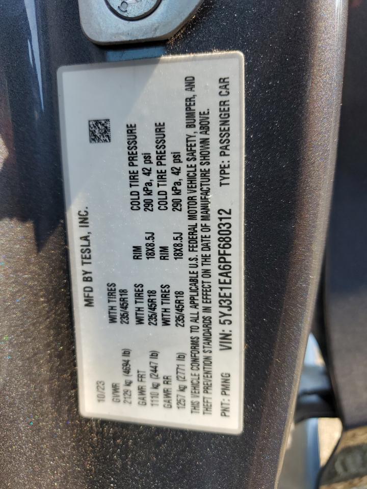 2023 Tesla Model 3 VIN: 5YJ3E1EA6PF680312 Lot: 70648935