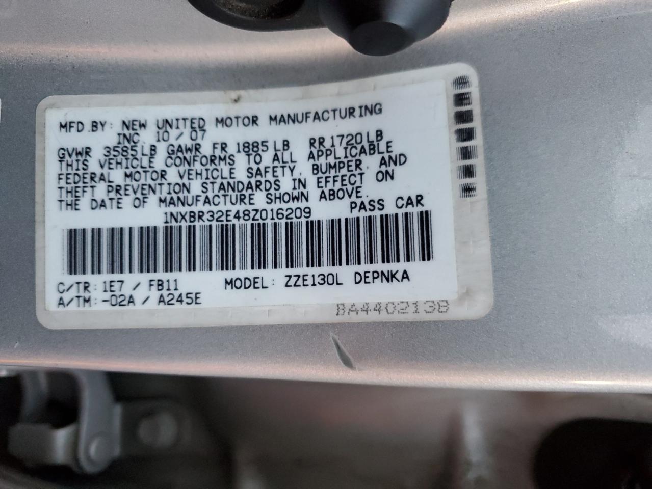 2008 Toyota Corolla Ce VIN: 1NXBR32E48Z016209 Lot: 84425435