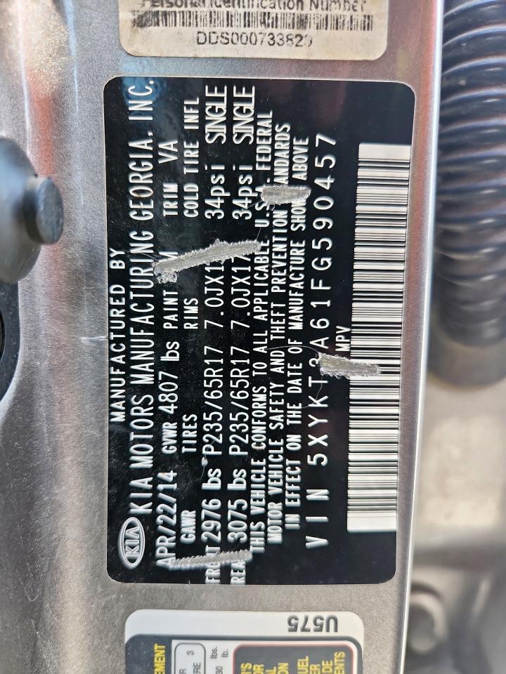 2015 Kia Sorento Lx VIN: 5XYKT3A61FG590457 Lot: 80668775