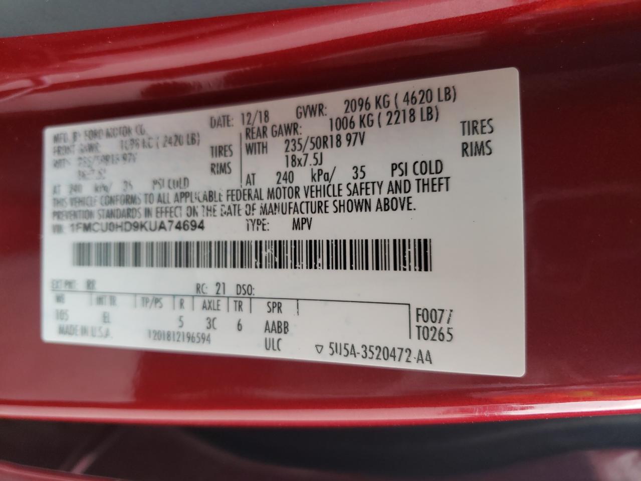 2019 Ford Escape Sel VIN: 1FMCU0HD9KUA74694 Lot: 71305225