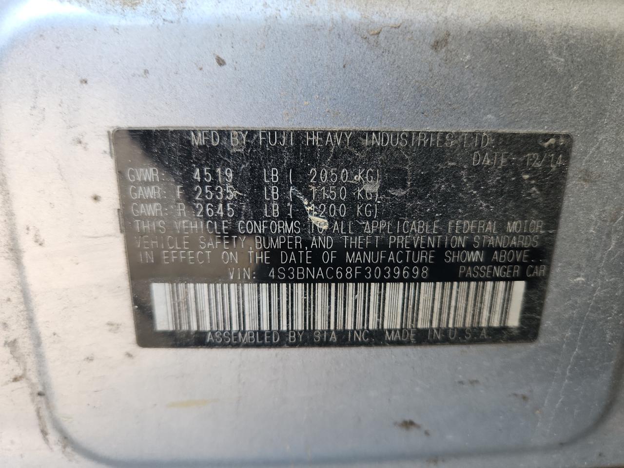 2015 Subaru Legacy 2.5I Premium VIN: 4S3BNAC68F3039698 Lot: 84579455