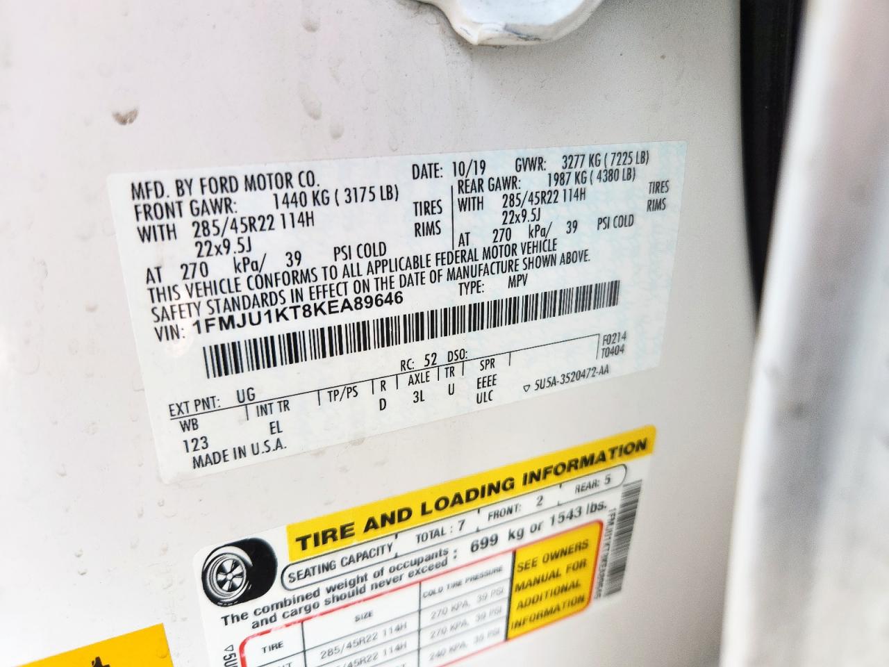 2019 Ford Expedition Limited VIN: 1FMJU1KT8KEA89646 Lot: 81503995