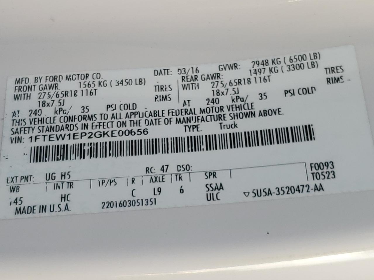 2016 Ford F150 Supercrew VIN: 1FTEW1EP2GKE00656 Lot: 71659865