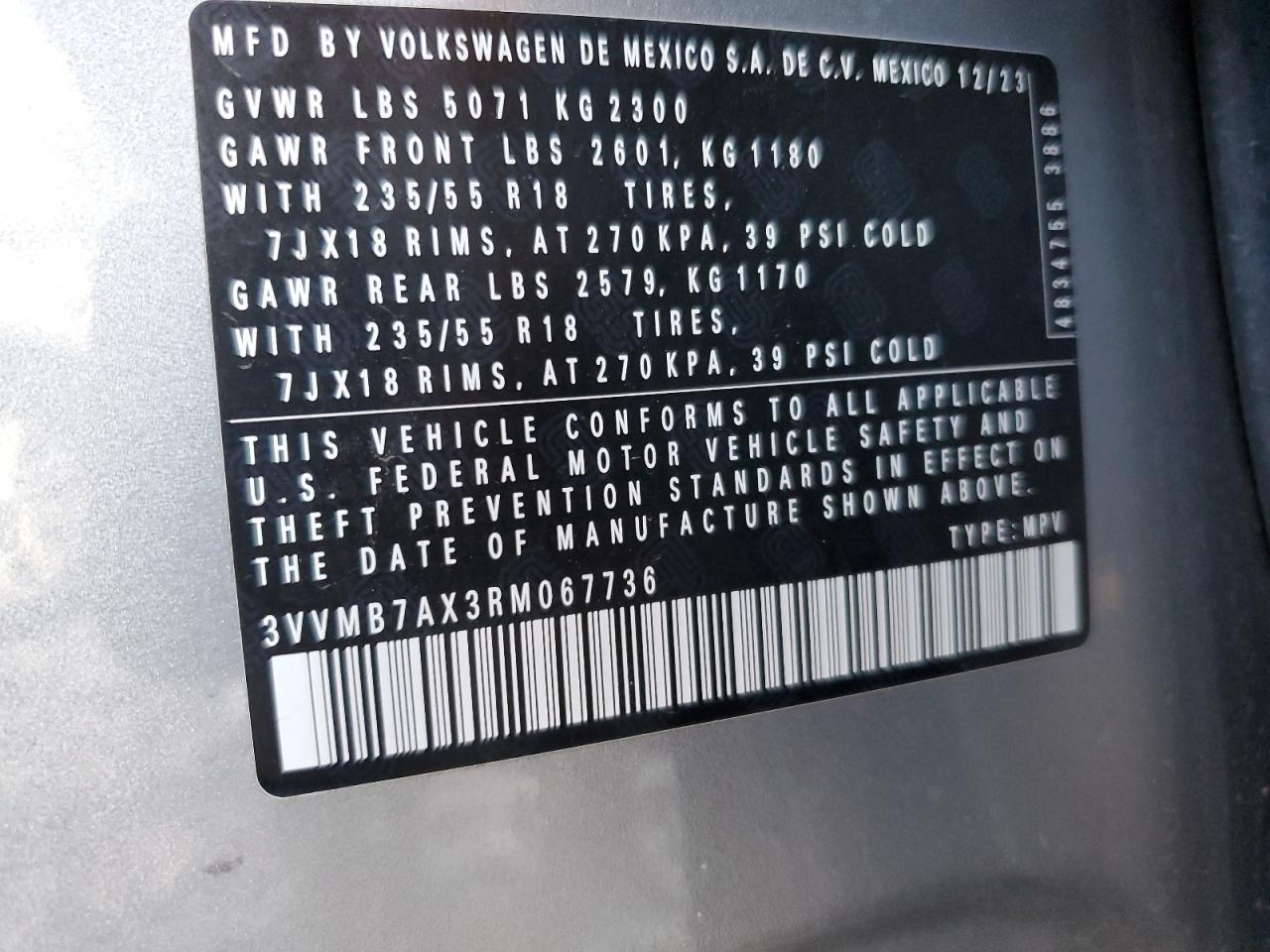 2024 Volkswagen Tiguan Se VIN: 3VVMB7AX3RM067736 Lot: 71875335