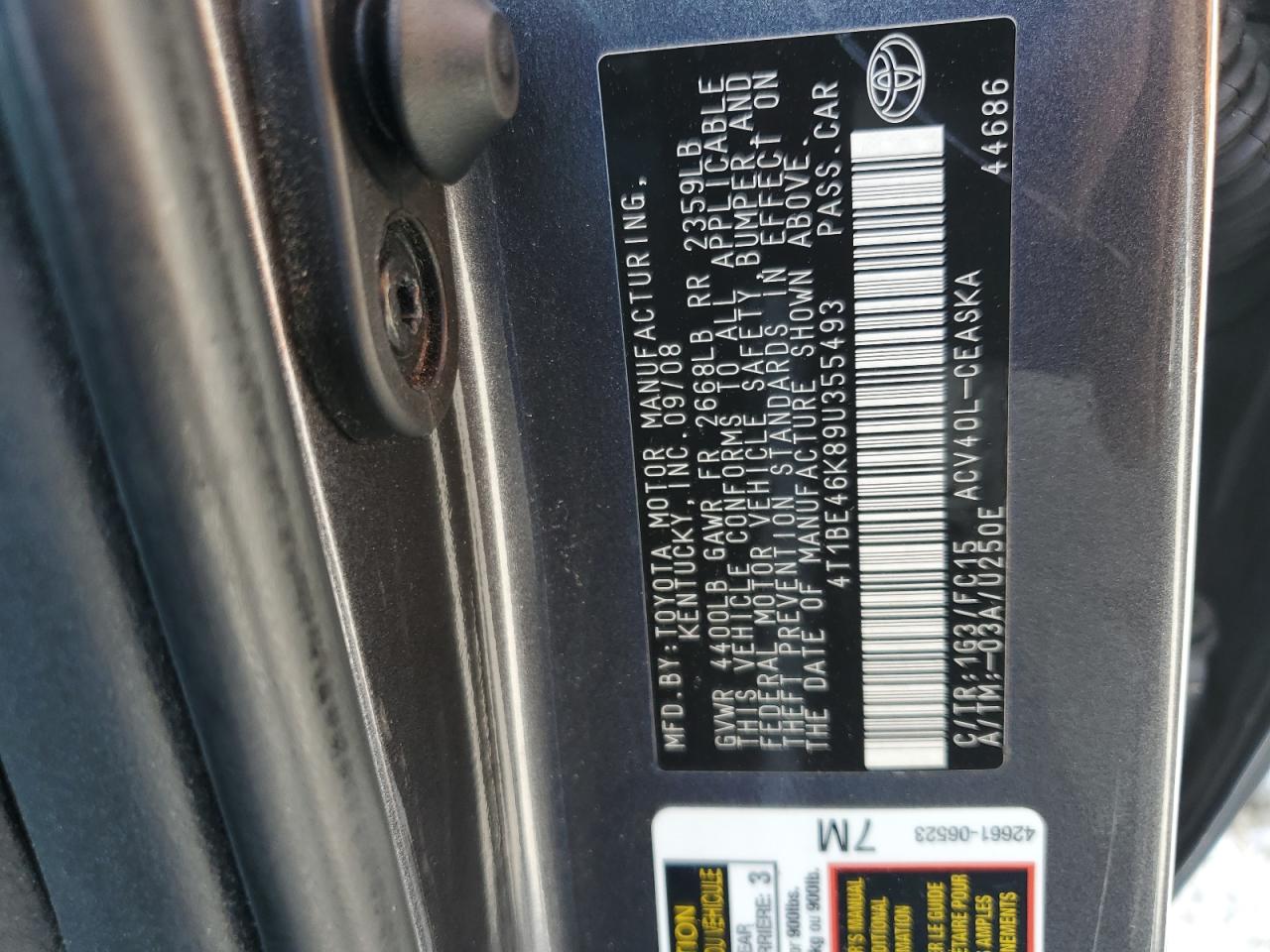 2009 Toyota Camry Base VIN: 4T1BE46K89U355493 Lot: 80115675