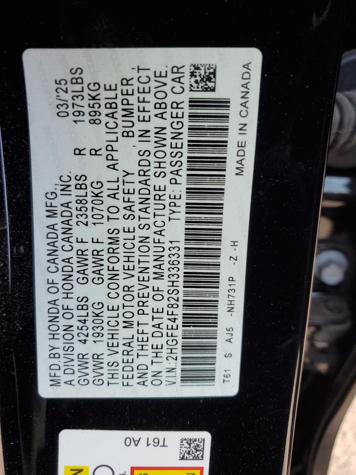 2025 Honda Civic Sport VIN: 2HGFE4F82SH336331 Lot: 71531485