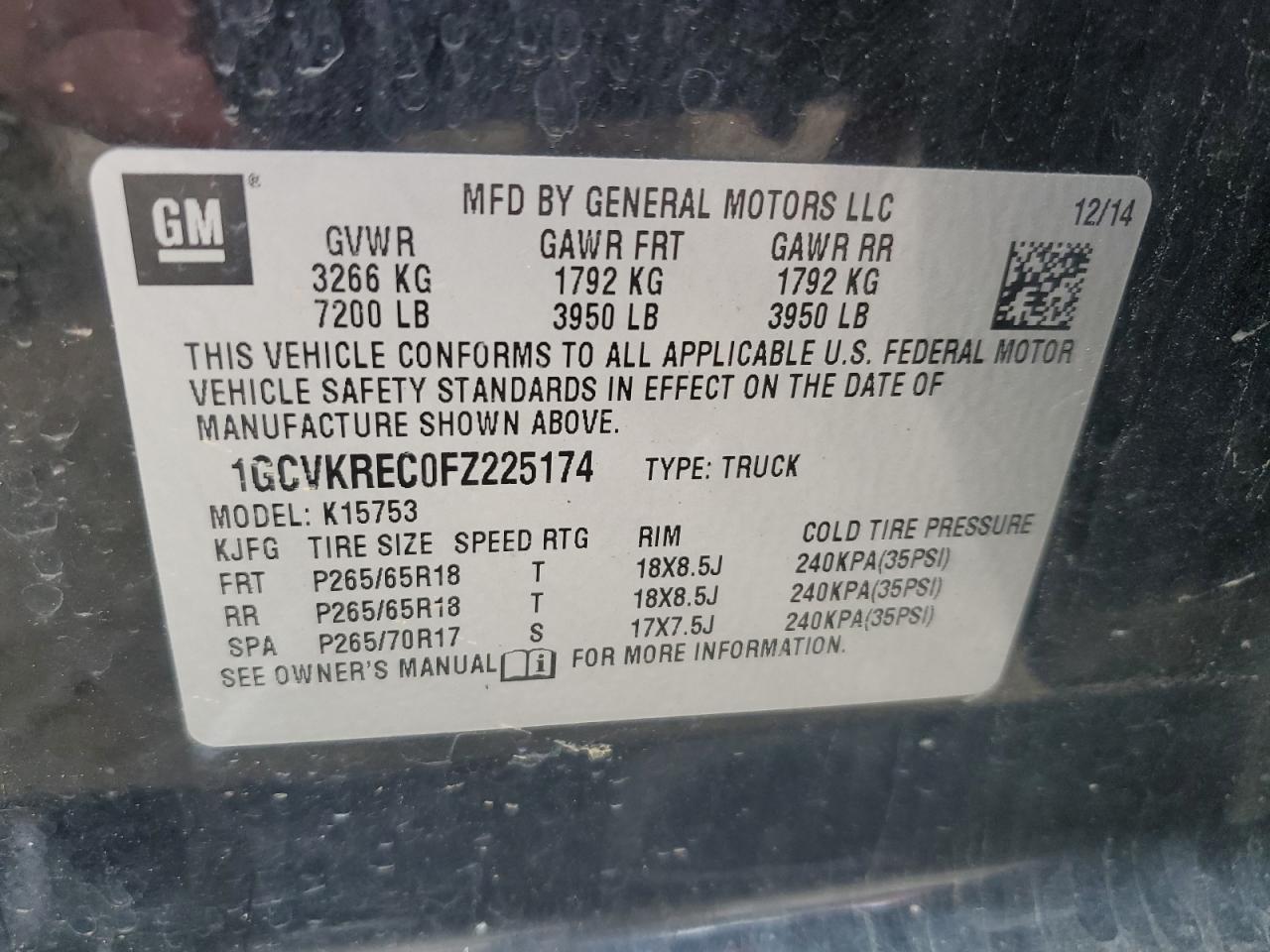 2015 Chevrolet Silverado K1500 Lt VIN: 1GCVKREC0FZ225174 Lot: 82030705