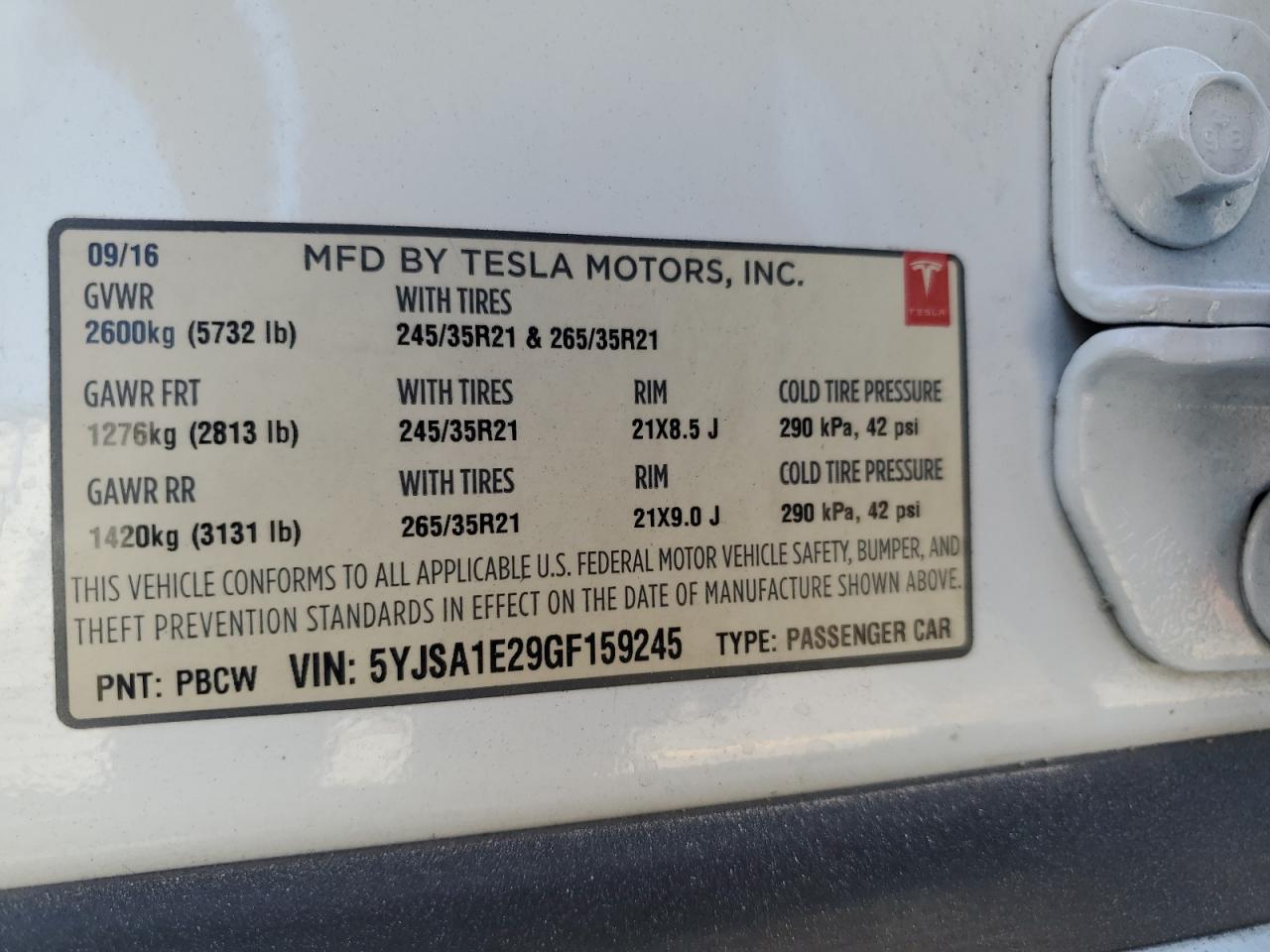 2016 Tesla Model S VIN: 5YJSA1E29GF159245 Lot: 81042875