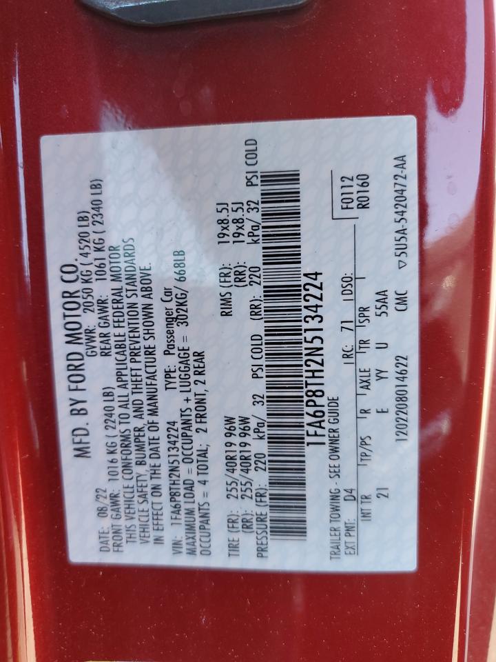 2022 Ford Mustang VIN: 1FA6P8TH2N5134224 Lot: 84406955