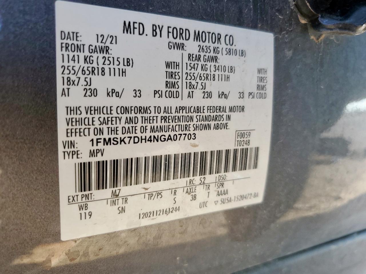 2022 Ford Explorer Xlt VIN: 1FMSK7DH4NGA07703 Lot: 81918875