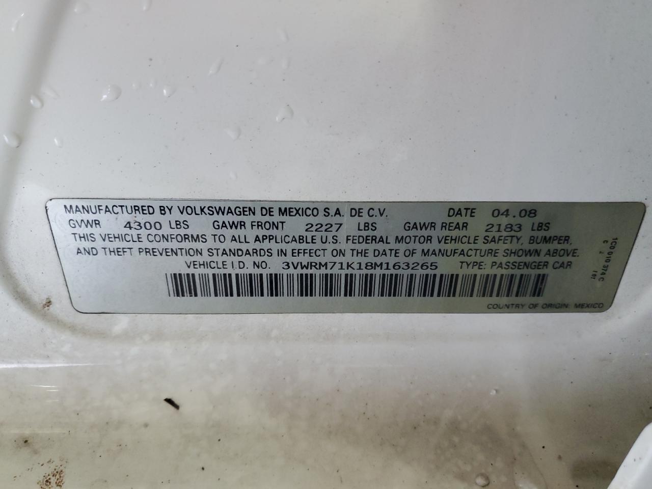 2008 Volkswagen Jetta Se VIN: 3VWRM71K18M163265 Lot: 81512045