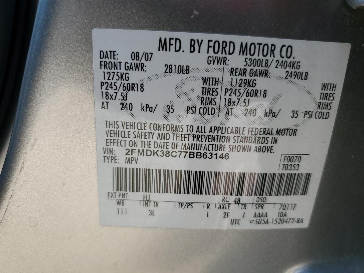 2007 Ford Edge Sel VIN: 2FMDK38C77BB63146 Lot: 71081345