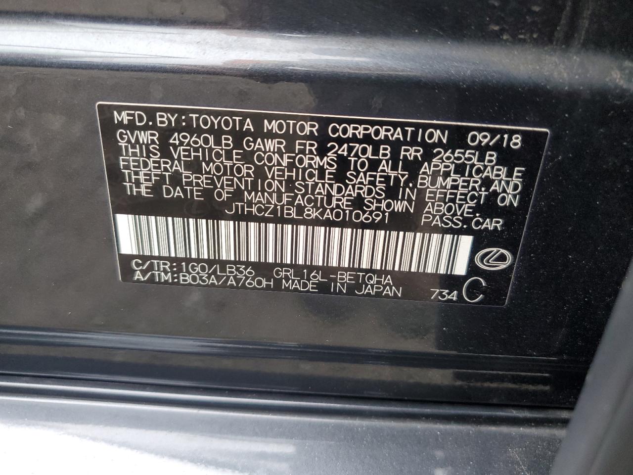 2019 Lexus Gs 350 Base VIN: JTHCZ1BL8KA010691 Lot: 83852085