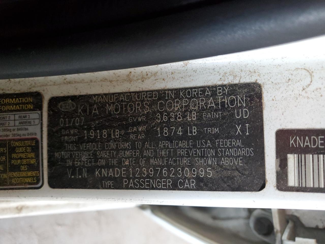 2007 Kia Rio Base VIN: KNADE123976230995 Lot: 86142335