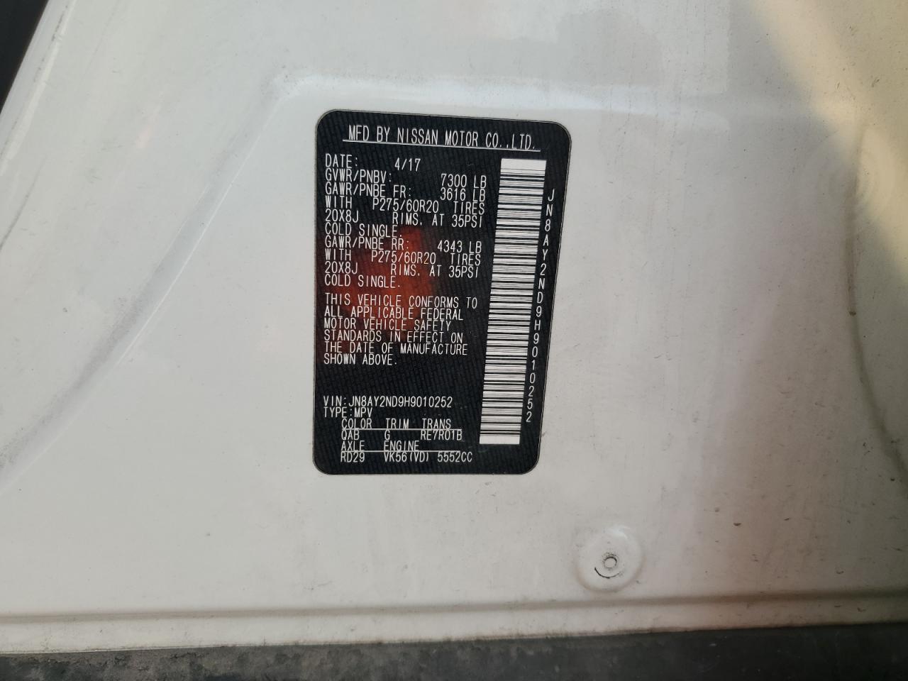 2017 Nissan Armada Sv VIN: JN8AY2ND9H9010252 Lot: 71109455