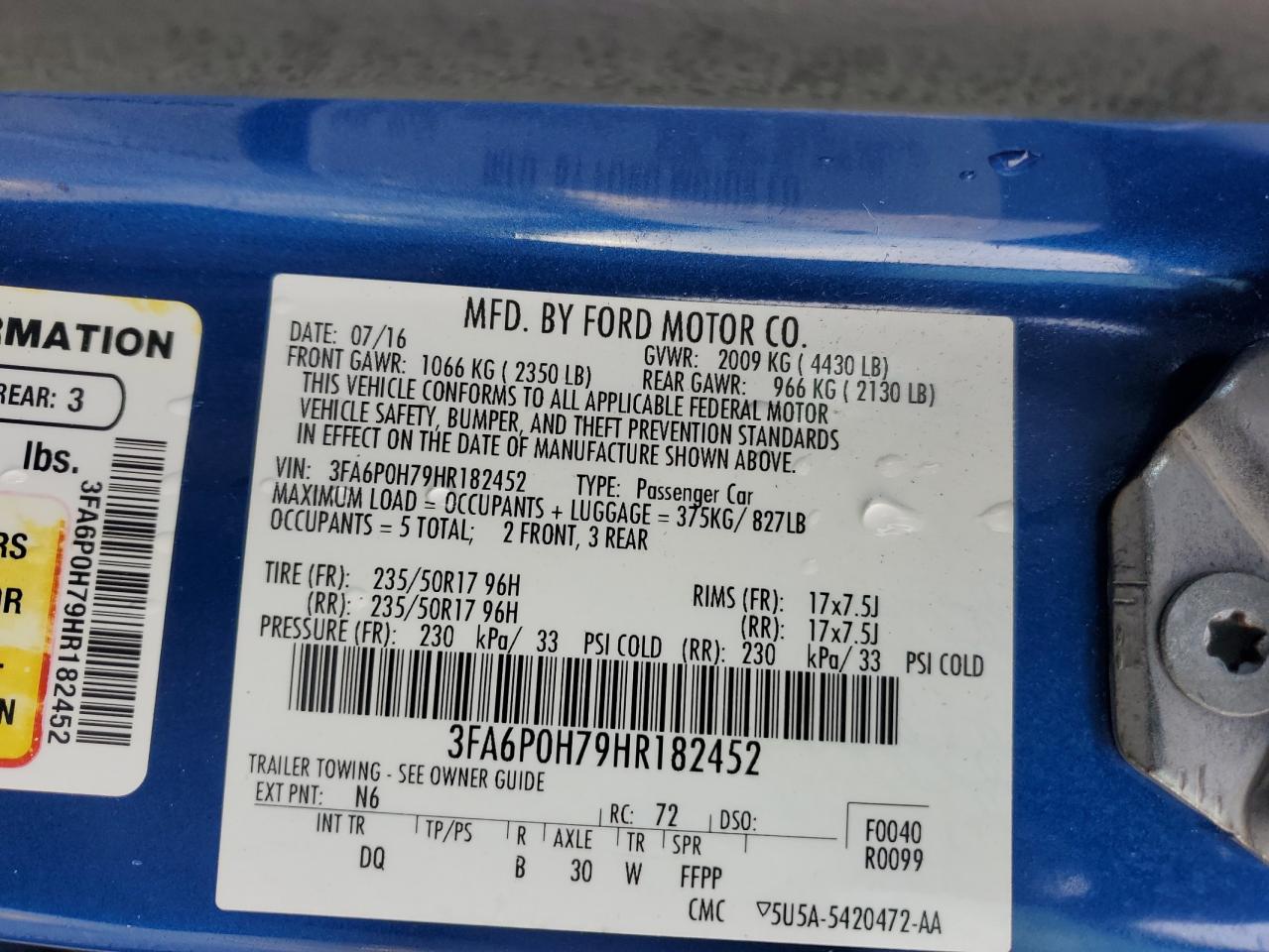 2017 Ford Fusion Se VIN: 3FA6P0H79HR182452 Lot: 83790905