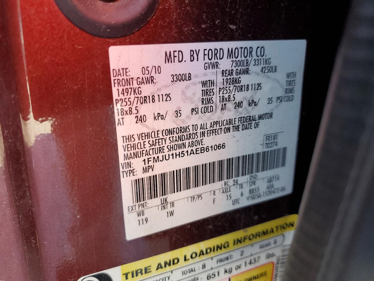 2010 Ford Expedition Eddie Bauer VIN: 1FMJU1H51AEB61066 Lot: 71635365
