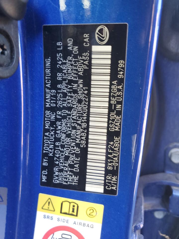 2019 Lexus Es 350 VIN: 58ABZ1B14KU022741 Lot: 80641785