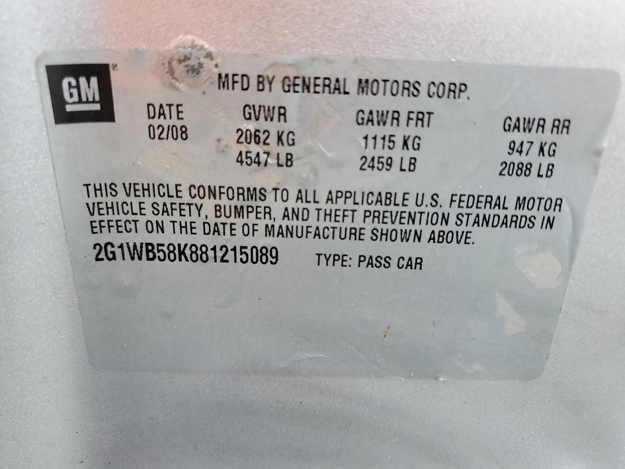 2008 Chevrolet Impala Ls VIN: 2G1WB58K881215089 Lot: 81408125