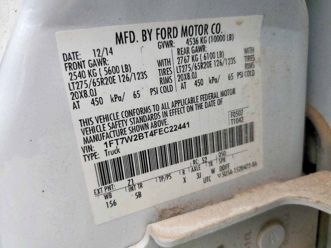 2015 Ford F250 Super Duty VIN: 1FT7W2BT4FEC22441 Lot: 80951475