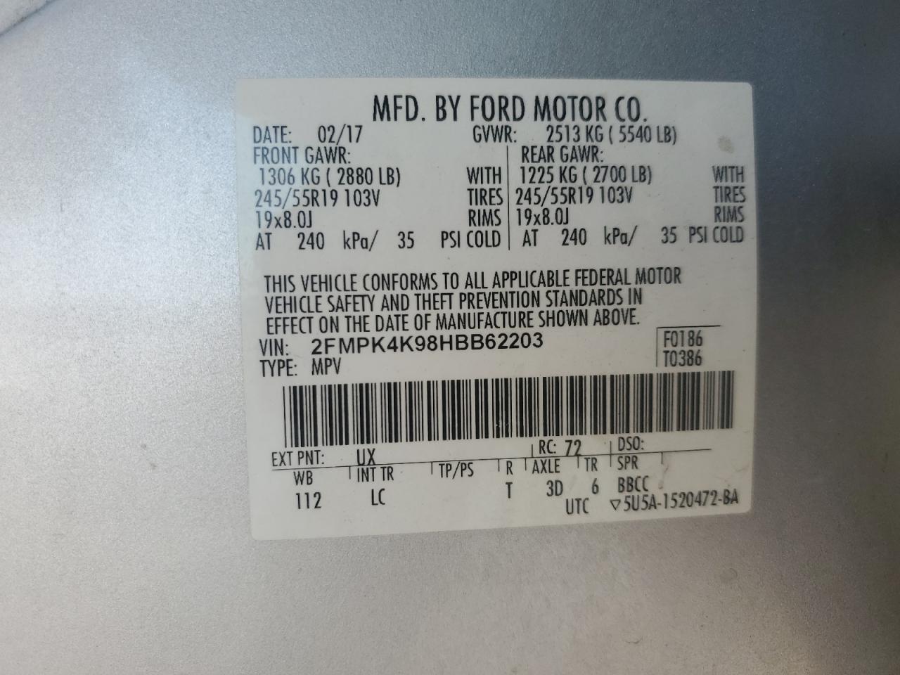 2017 Ford Edge Titanium VIN: 2FMPK4K98HBB62203 Lot: 80107195