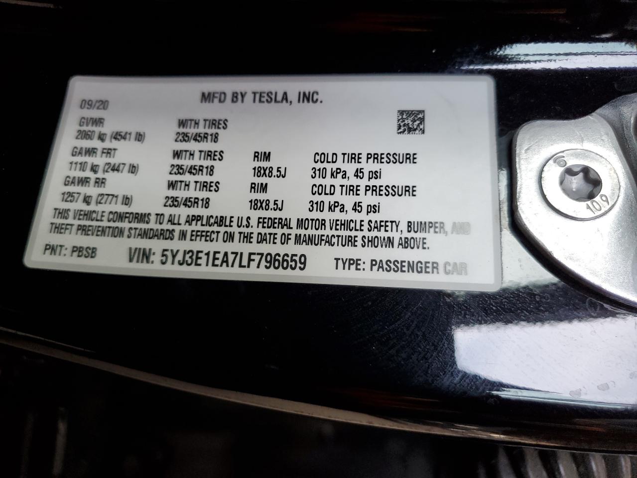 2020 Tesla Model 3 VIN: 5YJ3E1EA7LF796659 Lot: 80834905