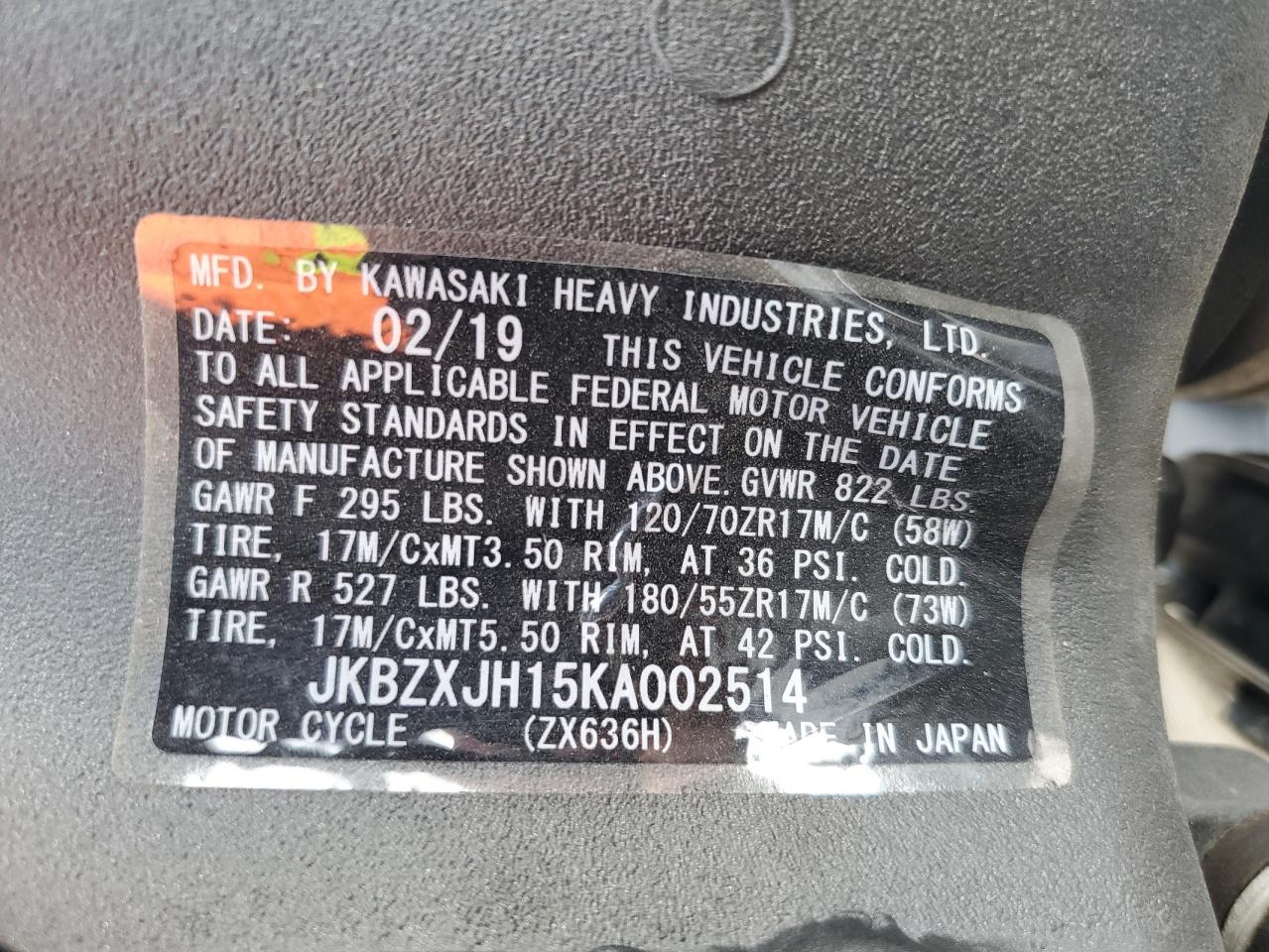 2019 Kawasaki Zx636 K VIN: JKBZXJH15KA002514 Lot: 80682335