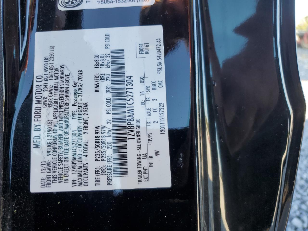 2012 Ford Mustang VIN: 1ZVBP8AM1C5271304 Lot: 81899255