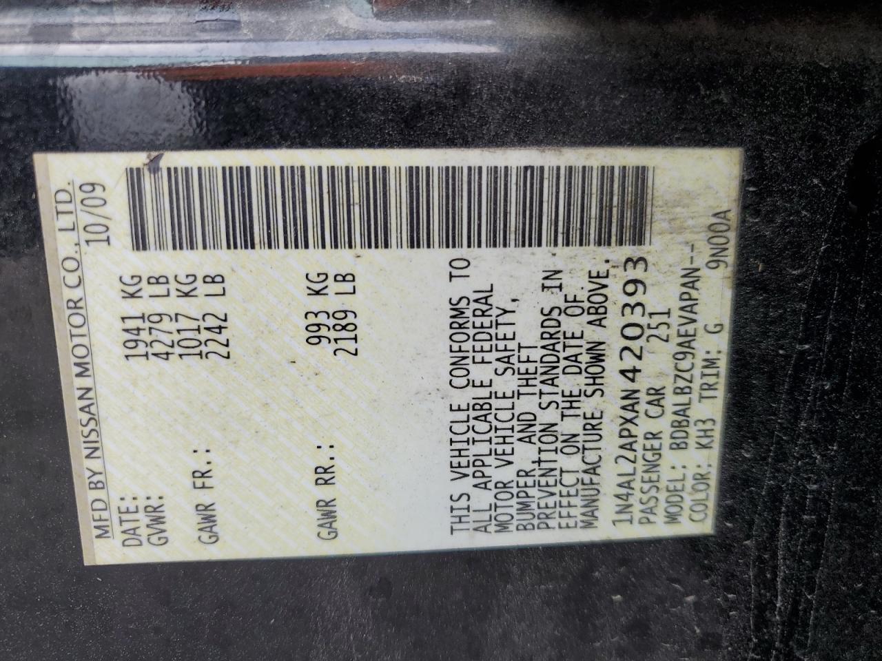 2010 Nissan Altima Base VIN: 1N4AL2APXAN420393 Lot: 71619725