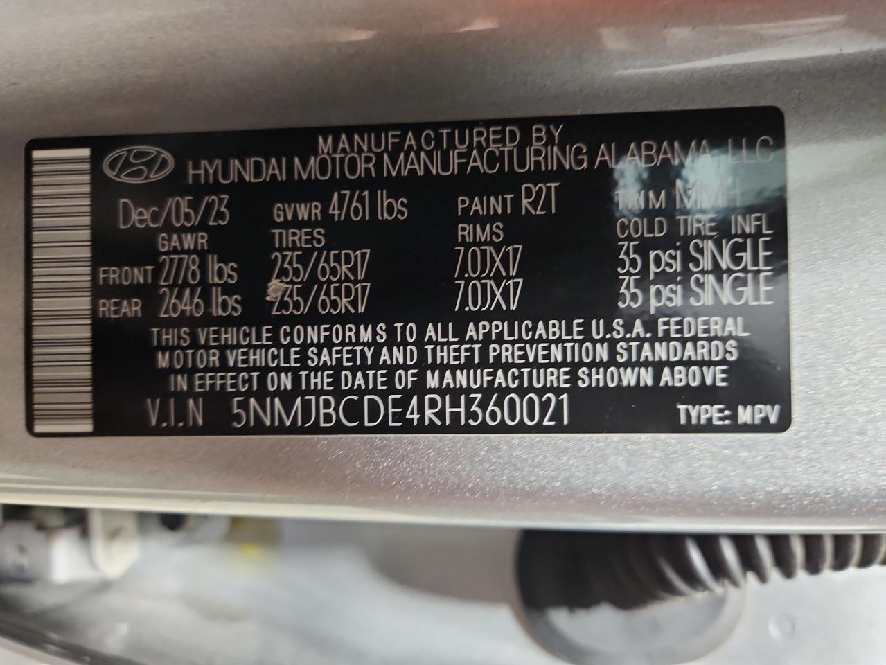 2024 Hyundai Tucson Sel VIN: 5NMJBCDE4RH360021 Lot: 80360855