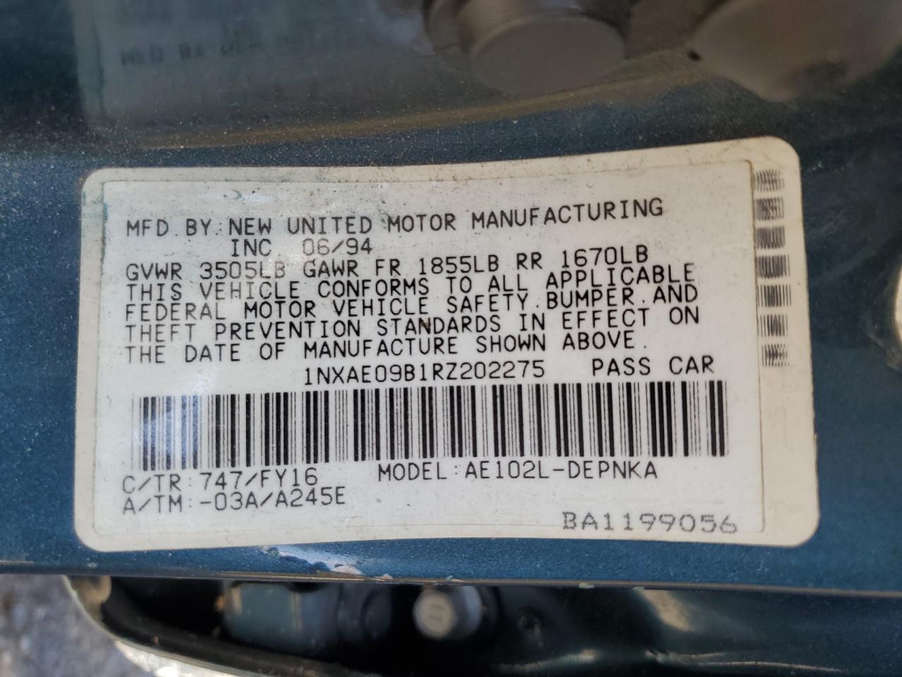 1994 Toyota Corolla Le VIN: 1NXAE09B1RZ202275 Lot: 70964235